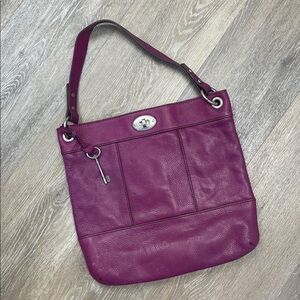 Fossil Purple Leather Purse Boho Bag Black Stitching Includes Long Strap